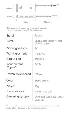 Type-C HUB Baseus Lite Series 4 in 1 Type-C HUB Adapter (1m) WKQX030401 - Black