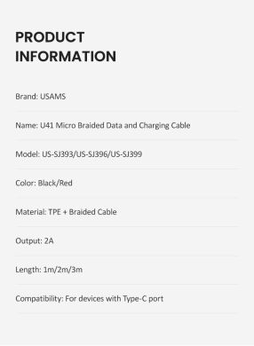 Дата-кабель USAMS US-SJ393 U41 Braided Data MicroUSB (1m) - Black