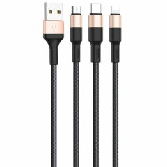 Дата-кабель Hoco X26 Xpress 3 in 1 (Lightning + MicroUSB + Type-C to USB, 1m) - Black / Gold