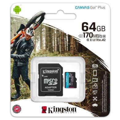 Карта памяти Kingston microSDXC 64GB Canvas Go Plus U3 V30 (R170/W70) + адаптер (SDCG3/64GB)
