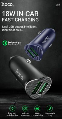Автомобильное зарядное устройство Hoco Z39 QC3.0 (18W, 2USB) - Black