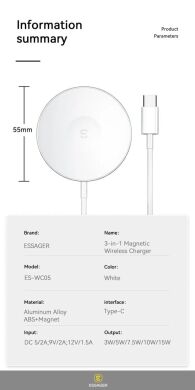 Беспроводное зарядное устройство ESSAGER 3 in 1 15W Magnetic Wireless Charger - White