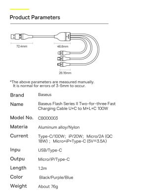 Кабель Baseus Flash Series II 3 in 2 USB+Type-C to MicroUSB+Lightning+Type-C (100W, 1.2m) CASS030101 - Black