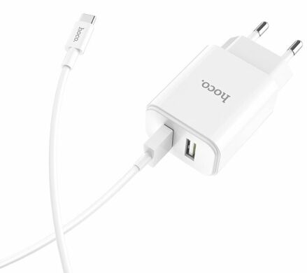 Сетевое зарядное устройство HOCO C62A + кабель Type-C (2 USB, 2.1A) - White