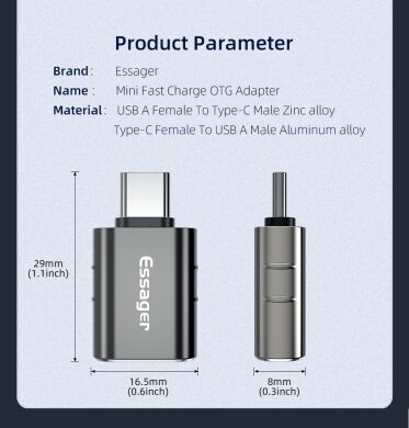 OTG-адаптер ESSAGER Mini Fast Charge USB3.0 to Type-C - Black