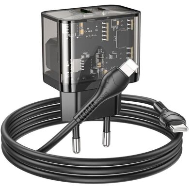 Сетевое зарядное устройство Hoco N34 Dazzling PD20W+QC3.0 + кабель Type-C to Lightning - Transparent Black