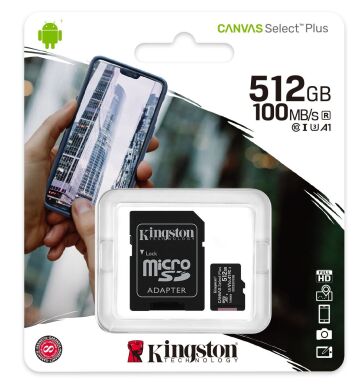Карта памяти Kingston microSDXC 512GB Canvas Select Plus C10 UHS-I R100MB/s + адаптер