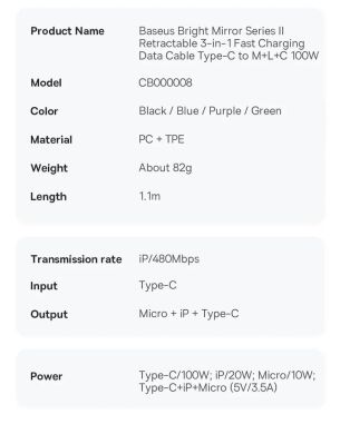 Кабель Baseus Bright Mirror 2 Series 3-in-1 Type-C to MicroUSB+Lightning+Type-C (100W, 1.1m) CAMJ010201 - Black
