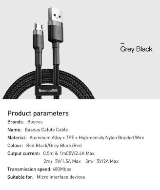 Кабель Baseus Cafule USB to MicroUSB (1.5A, 2m) CAMKLF-CG1 - Black / Grey
