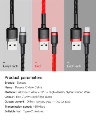 Кабель Baseus Cafule USB to Type-C (3A, 0.5m) CATKLF-AG1 - Black / Gray