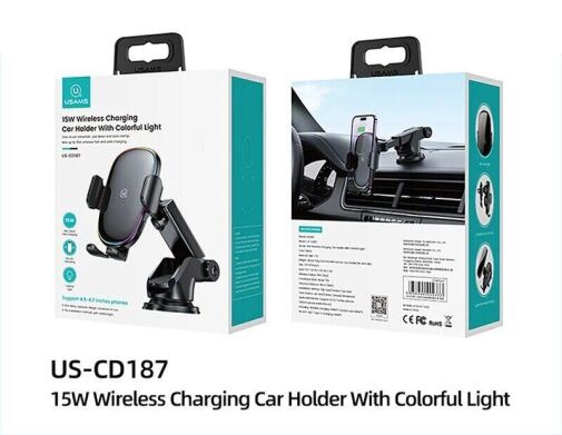 Автомобільний тримач з бездротовою зарядкою Usams US-CD187 15W Wireless Charging - Black