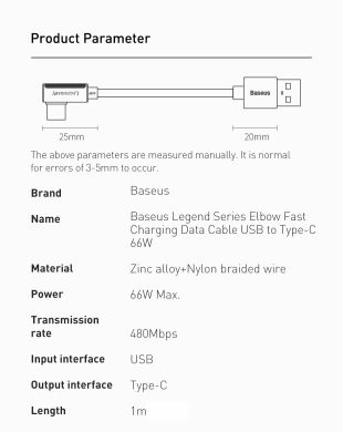 Дата-кабель Baseus Legend Series Elbow USB to Type-C (66W, 1m) - Black