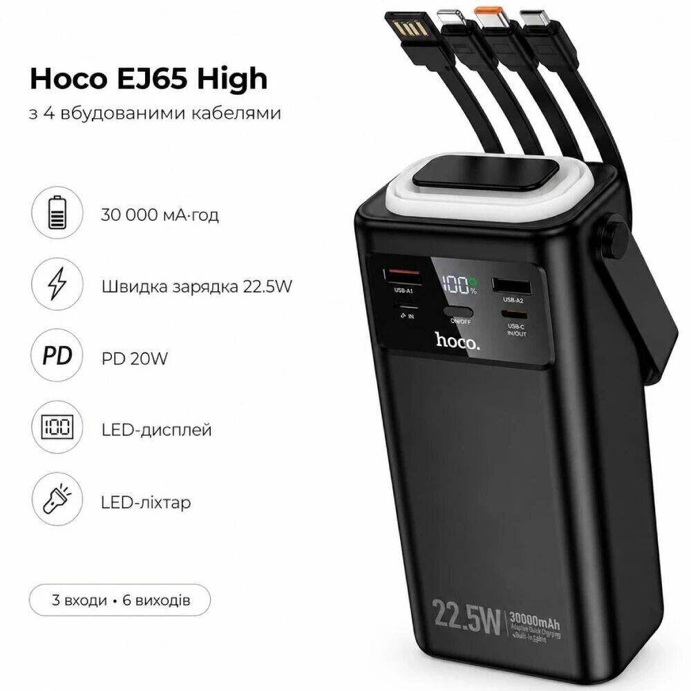 Внешний аккумулятор Hoco EJ65 High 22.5W + PD20W (30000mAh) + кабель MicroUSB + Type-C + Lightning + USB - Black: Фото 1