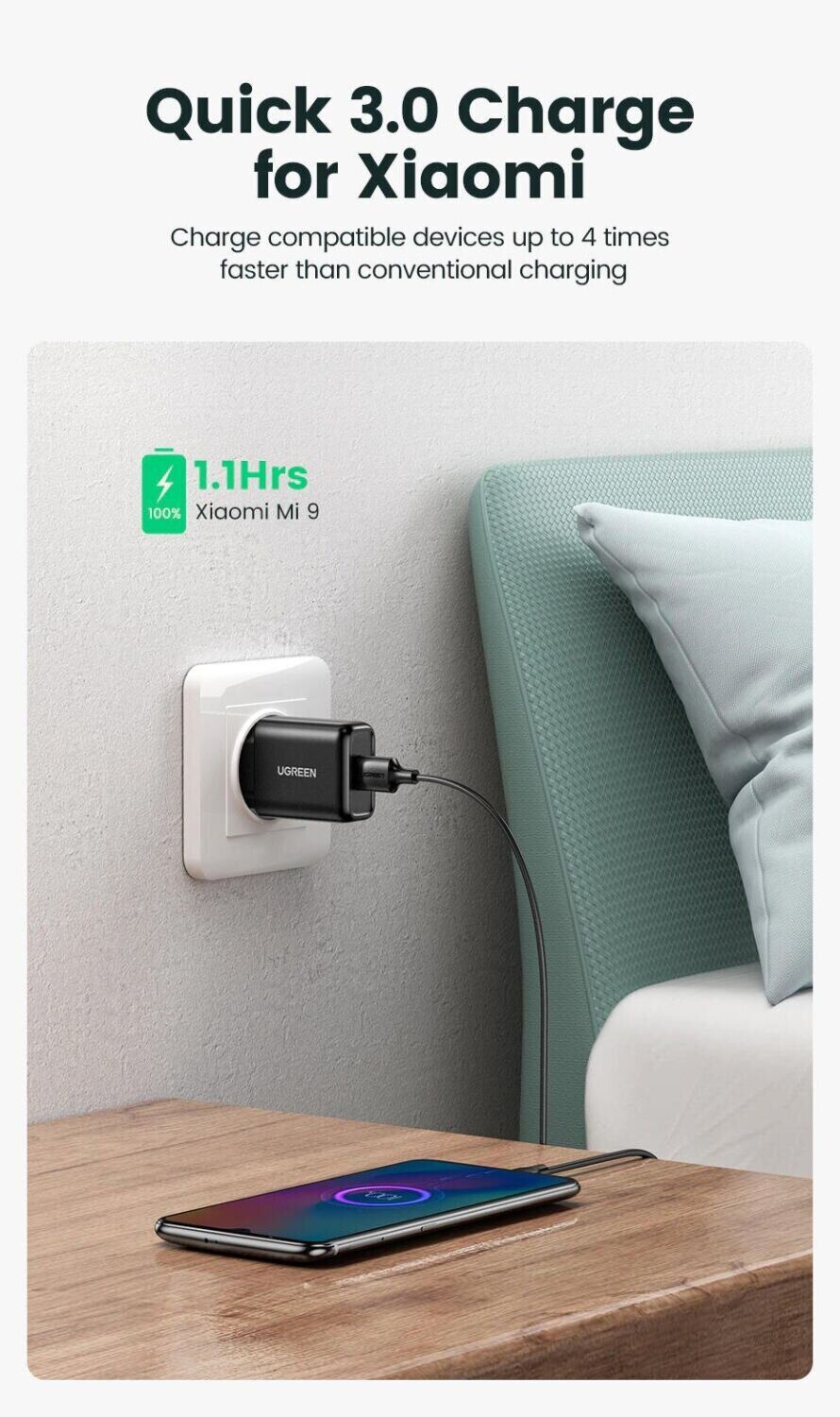 Сетевое зарядное устройство UGREEN CD122 18W QC3.0 USB Fast Charger (3A) - Black: Фото 3