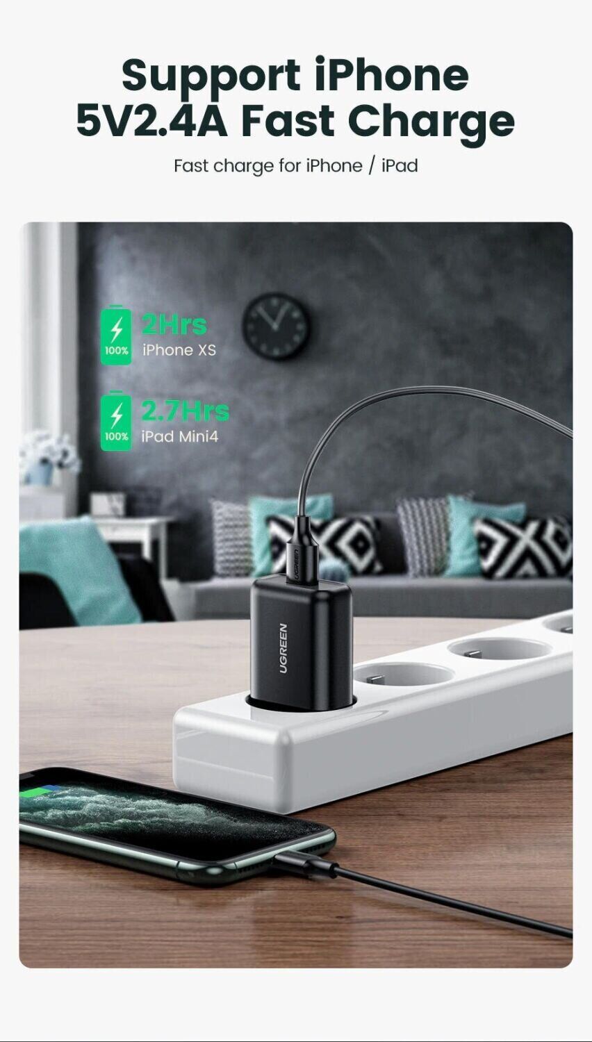 Сетевое зарядное устройство UGREEN CD122 18W QC3.0 USB Fast Charger (3A) - Black: Фото 4