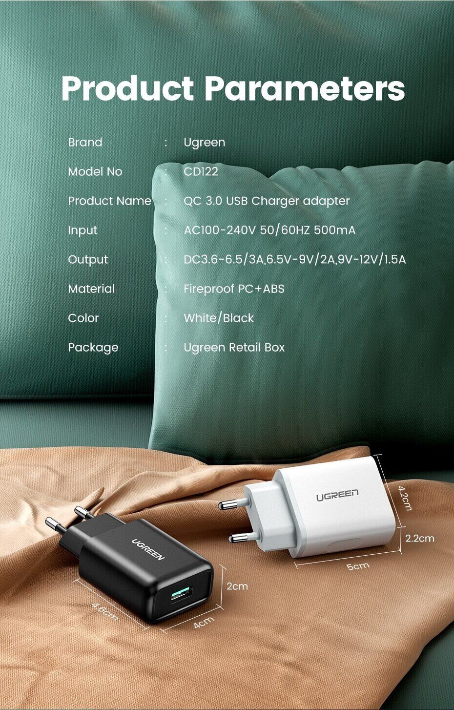 Сетевое зарядное устройство UGREEN CD122 18W QC3.0 USB Fast Charger (3A) - Black: Фото 9