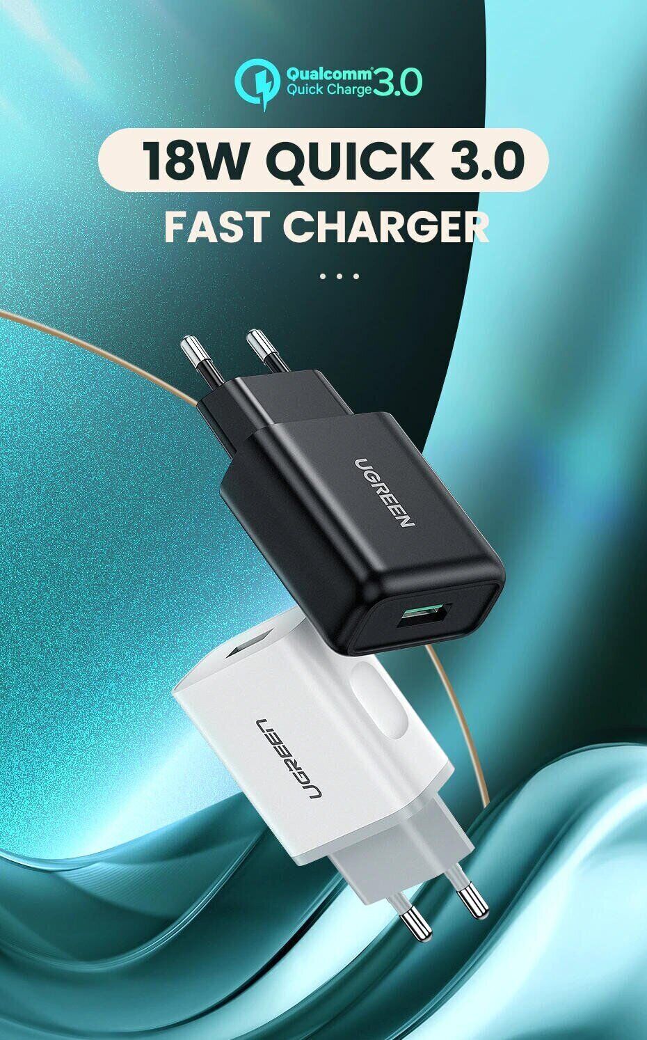Сетевое зарядное устройство UGREEN CD122 18W QC3.0 USB Fast Charger (3A) - Black: Фото 1