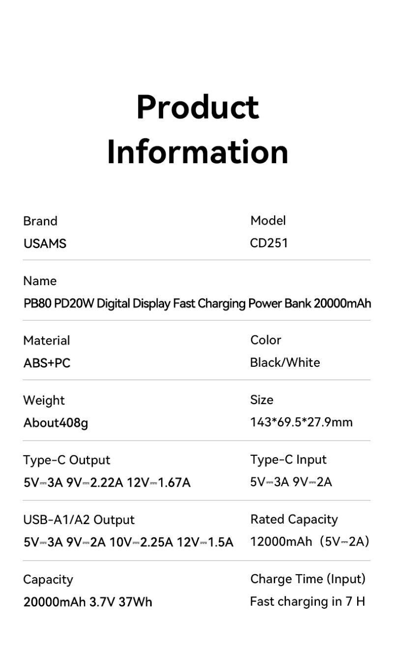 Зовнішній акумулятор Usams CD251 PD20W (20000mAh) - Black: Фото 13