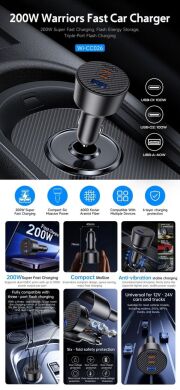 Автомобильное зарядное устройство WIWU CC026 Warriors PD200W + QC3.0 (USB + 2Type-C) - Black