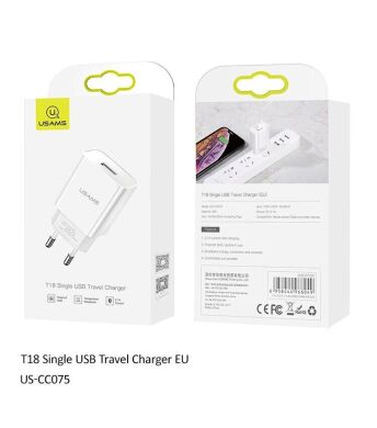Мережевий зарядний пристрій USAMS US-CC075 T18 Single USB Travel Charger - White