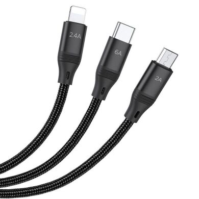 Кабель Hoco U104 Ultra USB to Lightning+MicroUSB+Type-C (66W, 1.2m) - Black