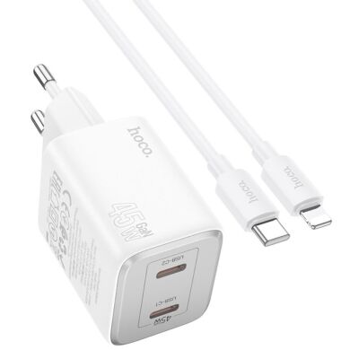 Сетевое зарядное устройство Hoco N42 Elogiado 2C PD45W + кабель Type to Lightning - White