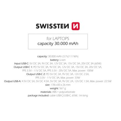 Внешний аккумулятор SWISSTEN LapTop Charger PD133W (30000mAh) - Silver