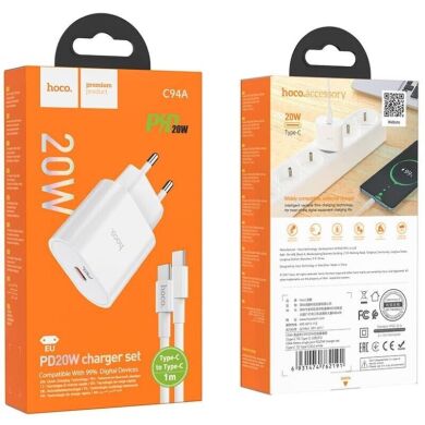 Сетевое зарядное устройство Hoco C94A PD20W + кабель Type-C to Type-C - White