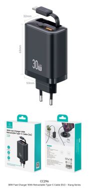Сетевое зарядное устройство USAMS US-CC296 GaN 30W (USB + Type-C) + кабель Type-C - White