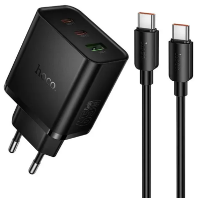 Сетевое зарядное устройство Hoco N75 GaN 65W + QC3.0 (2Type-C + USB) + кабель Type-C to Type-C - Black