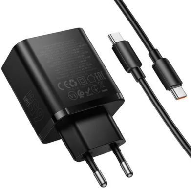 Сетевое зарядное устройство Hoco N75 GaN 65W + QC3.0 (2Type-C + USB) + кабель Type-C to Type-C - Black