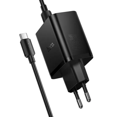 Сетевое зарядное устройство Hoco N75 GaN 65W + QC3.0 (2Type-C + USB) + кабель Type-C to Type-C - Black