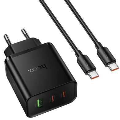 Сетевое зарядное устройство Hoco N75 GaN 65W + QC3.0 (2Type-C + USB) + кабель Type-C to Type-C - Black