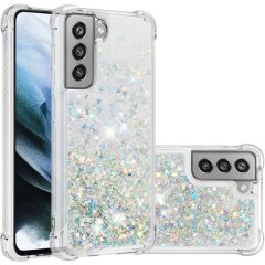 Силіконовий (TPU) чохол Deexe Liquid Glitter для Samsung Galaxy S21 FE (G990) - Silver Hearts