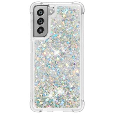 Силиконовый (TPU) чехол Deexe Liquid Glitter для Samsung Galaxy S21 FE (G990) - Silver Hearts