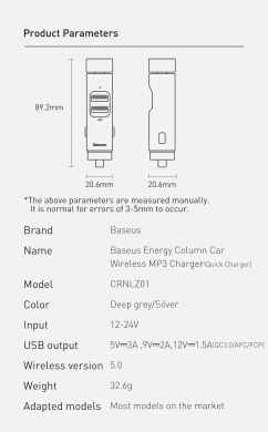 FM модулятор Baseus Energy Column 18W (CCNLZ-C0S) - Silver