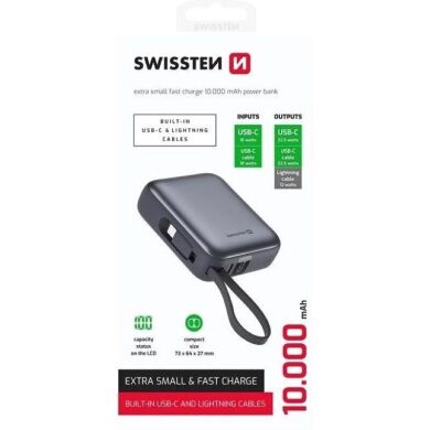 Внешний аккумулятор SWISSTEN Extra Small 22.5W (10000mAh) + кабель Type-C + Lightning - Silver