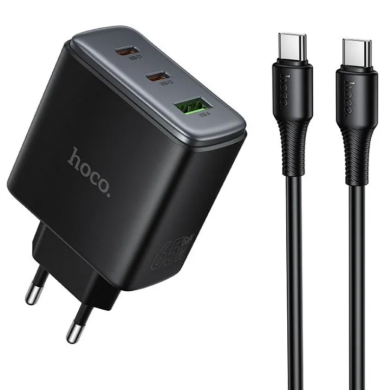 Сетевое зарядное устройство Hoco C160A GaN 65W + QC3.0 (2Type-C + USB) + кабель Type-C to Type-C - Black