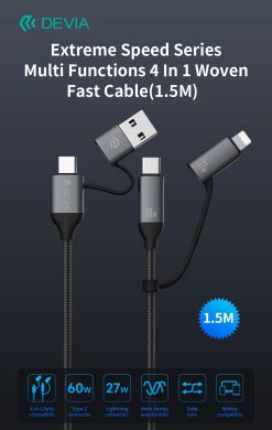 Кабель DEVIA EC504 Extreme Speed Series USB+Type-C to Type-C+Lightning 60W (3A, 1.5m) - Black