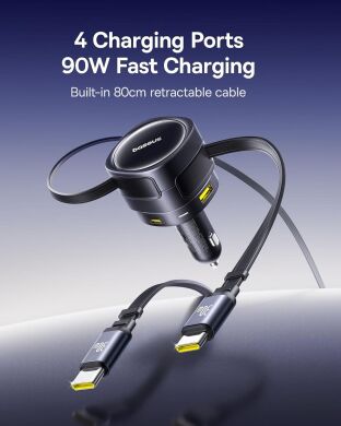 Автомобільний зарядний пристрій Baseus Enjoyment Max Retractable (90W) + кабель Type-C+Type-C (C00035507121) - Black