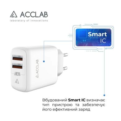 Сетевое зарядное устройство ACCLAB AL-TC224 2USB (5V,2.4A,12W) - White