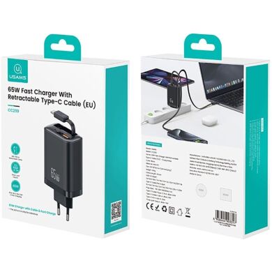 Сетевое зарядное устройство USAMS US-CC299 GaN 65W (USB + Type-C) + кабель Type-C - Black