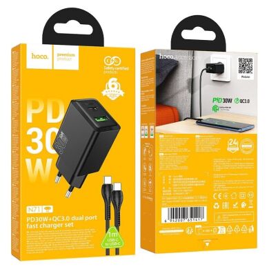 Мережевий зарядний пристрій Hoco N71 PD30W + QC3.0 + кабель Type-C to Type-C - Black