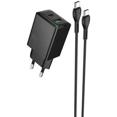 Мережевий зарядний пристрій Hoco N71 PD30W + QC3.0 + кабель Type-C to Type-C - Black