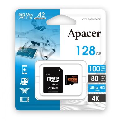 Карта памяти MicroSDXC Apacer 128GB UHS-I U3 V30 A2 + адаптер (AP128GMCSX10U8-R)