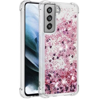 Силіконовий (TPU) чохол Deexe Liquid Glitter для Samsung Galaxy S21 FE (G990) - Rose Gold Hearts