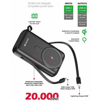 Внешний аккумулятор SWISSTEN MagSafe 22.5W (20000mAh) + кабель Type-C + Lightning - Black