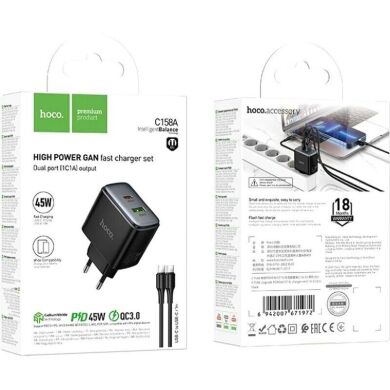Мережевий зарядний пристрій Hoco C158A Upgrade PD45W + QC3.0 + кабель Type-C to Type-C - Black