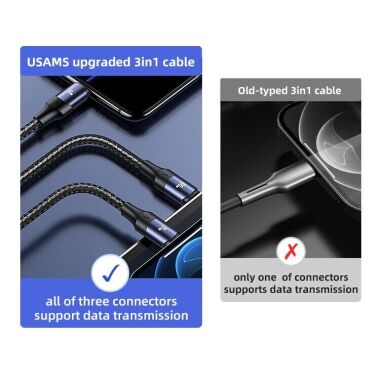 Кабель Usams US-SJ511 U71 All in One Aluminum Alloy USB + Type-C to Triple Head 3 in 1 (100W, 1.2m) - Black