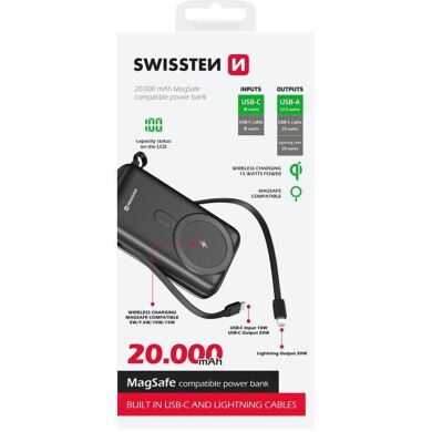 Внешний аккумулятор SWISSTEN MagSafe 22.5W (20000mAh) + кабель Type-C + Lightning - Black